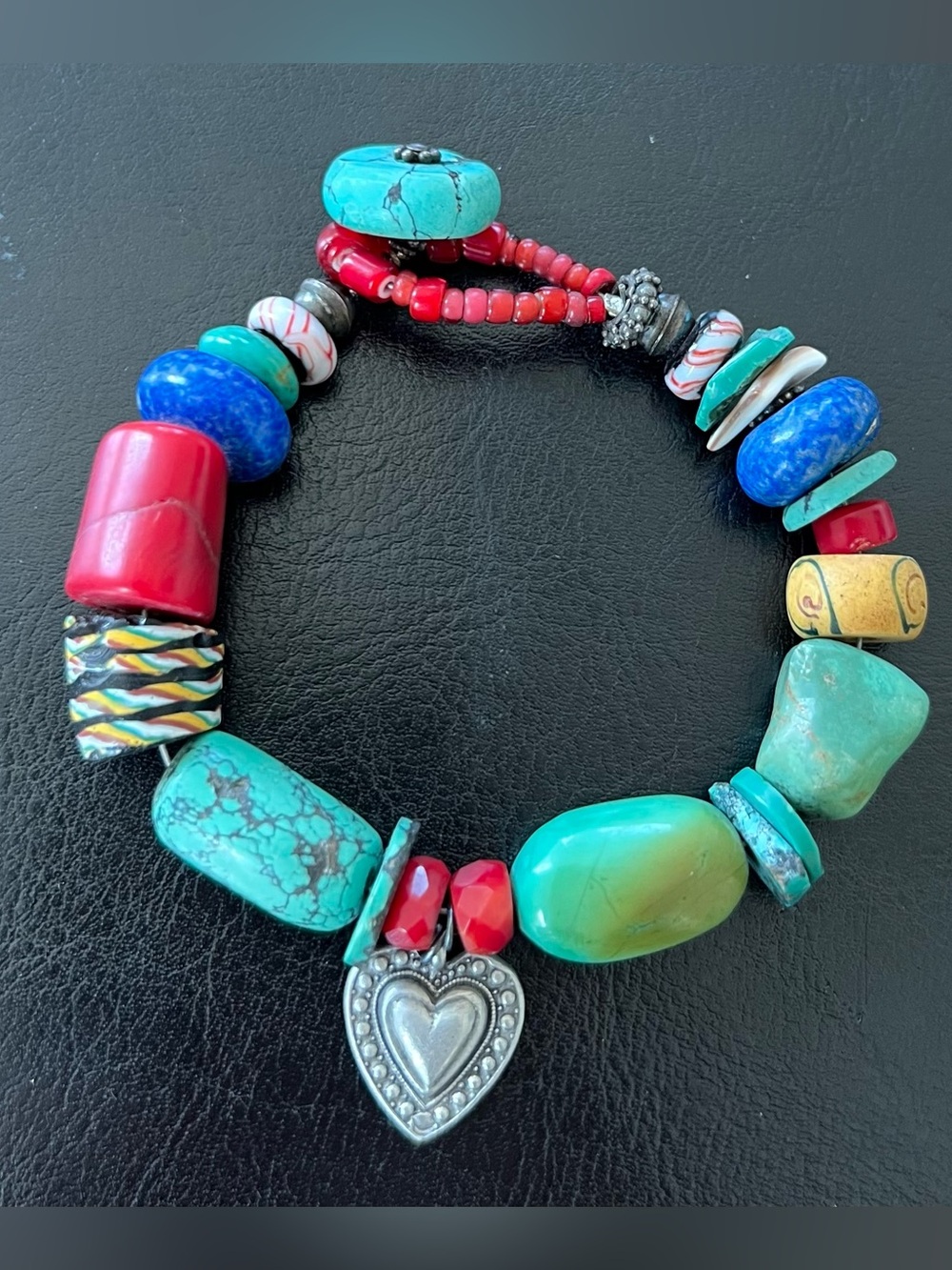 Artisan Multi-Bead Turquoise Bracelet with Heart Charm